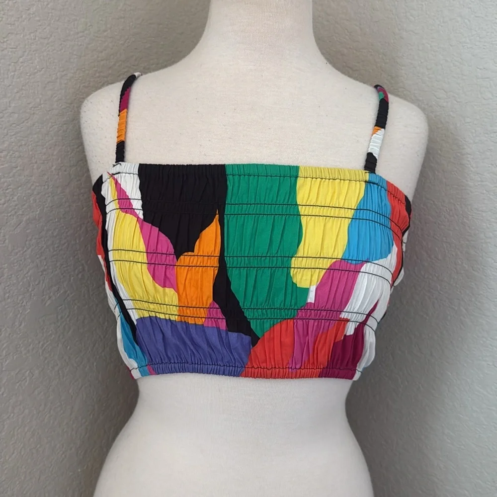 a new day Colorful Abstract Print smocked Crop Top - Picture 3 of 6